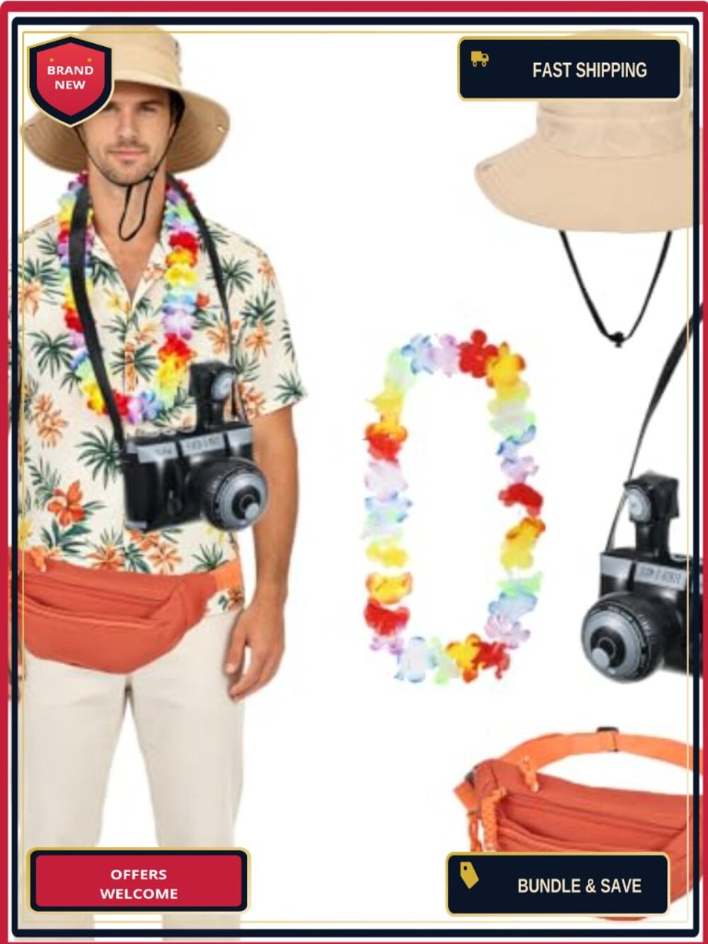 5 Pc Adult Tacky Tourist Costume Set Hawaiian Tropical Party Accessories